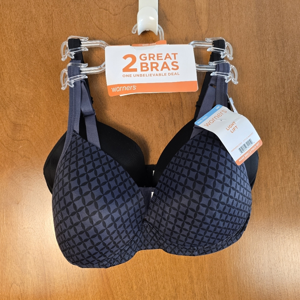 Two WARNERS 4003 Wire Free Light Natural Lift Bras Black / Geo NWT $60 Retail